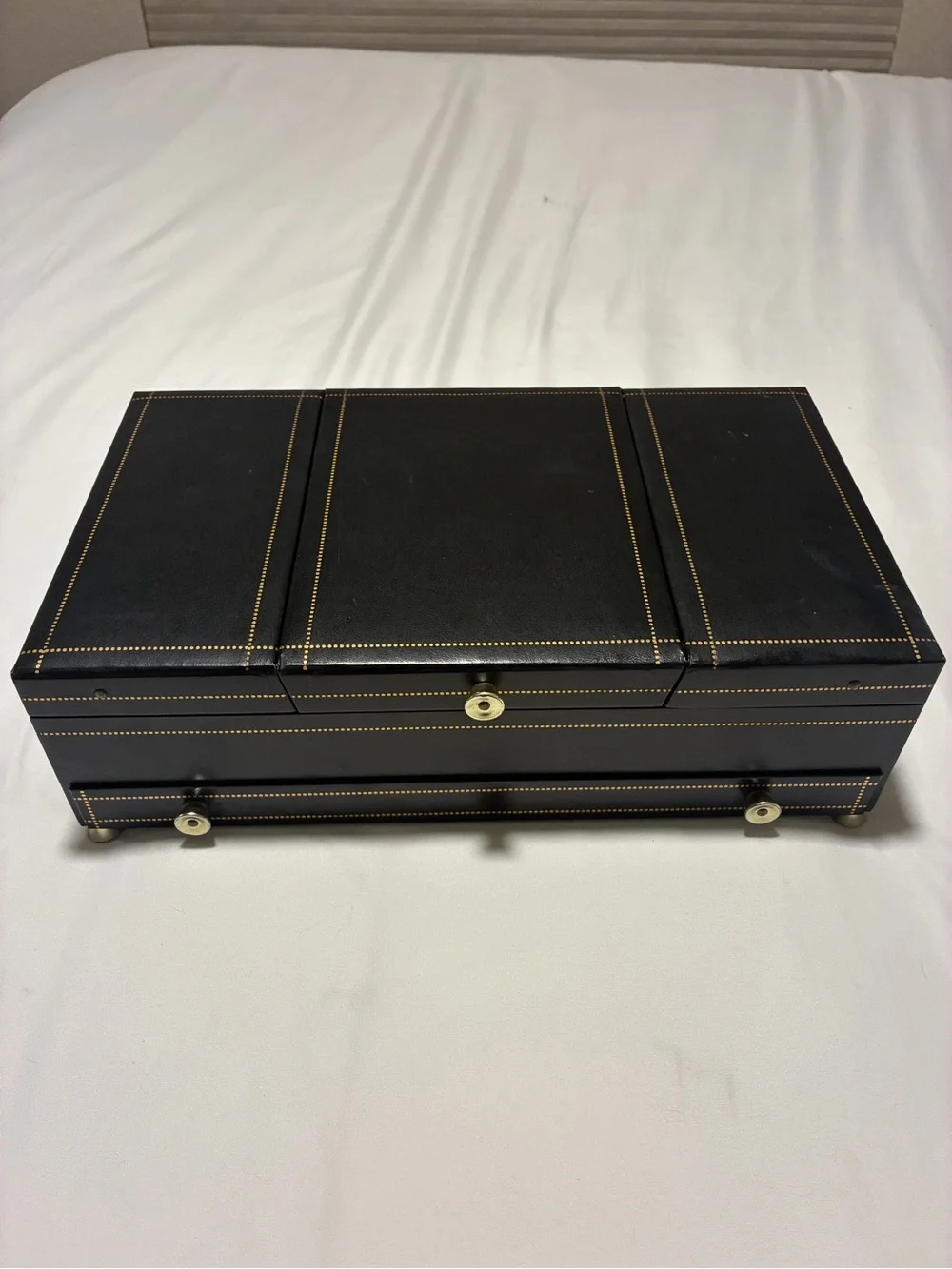 Vintage Black Leatherette Jewelry Box with Red Velvet Interior